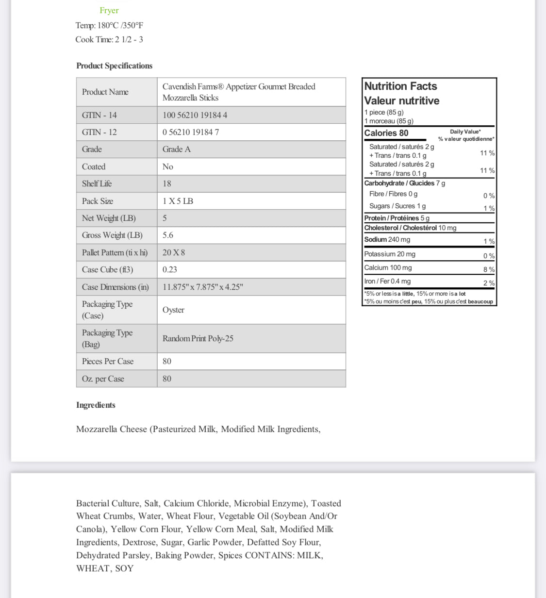 CAVENDISH BREADED MOZZARELLA STICKS - 1/2lb