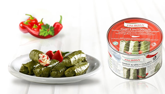 SWEET & SPICY DOLMAS, Stuffed Vine Leaves with Rice & Hot Cherry Peppers