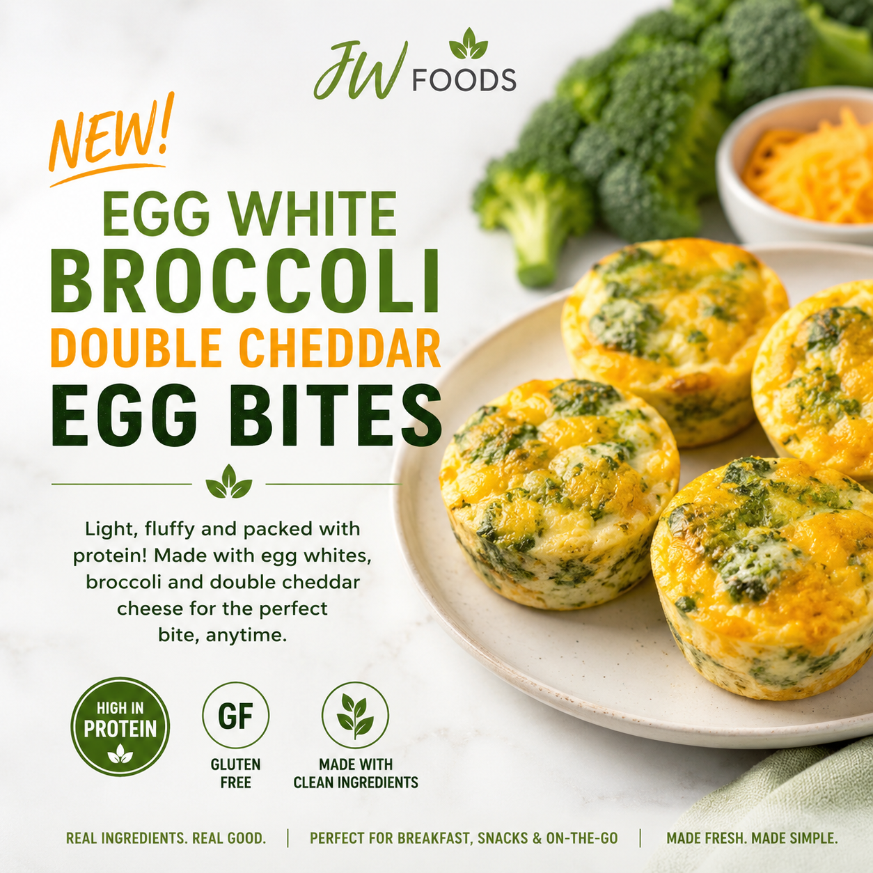 Egg Bites - EGG WHITES, BROCCOLI & DOUBLE CHEDDAR CHEESE - Cooked & Portioned - 2/Pkg