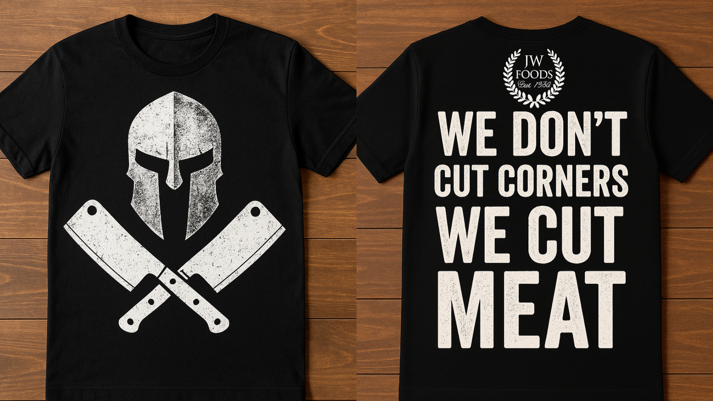 JW Foods “We Don’t Cut Corners We Cut Meat" Spartan Tee 🔥