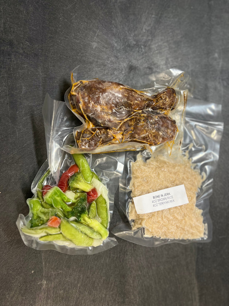 Pre-Set Meal - Jerk Chicken (Bone-In), Teriyaki Veggie Mix & Brown Rice