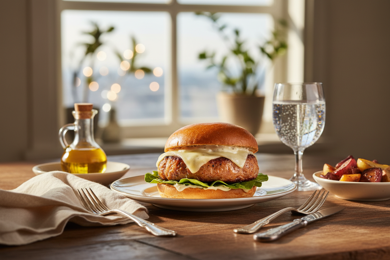 Cooked chicken burger patty on an elegant dining table