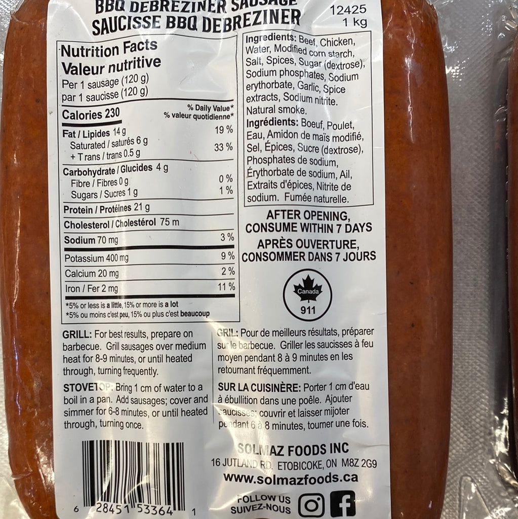 SOLMAZ FULLY COOKED BBQ DEBREZINER SAUSAGES