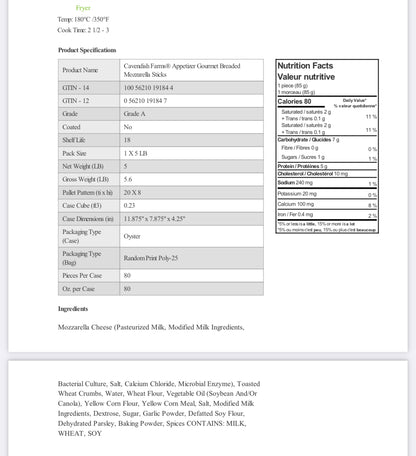 CAVENDISH BREADED MOZZARELLA STICKS - 1LB