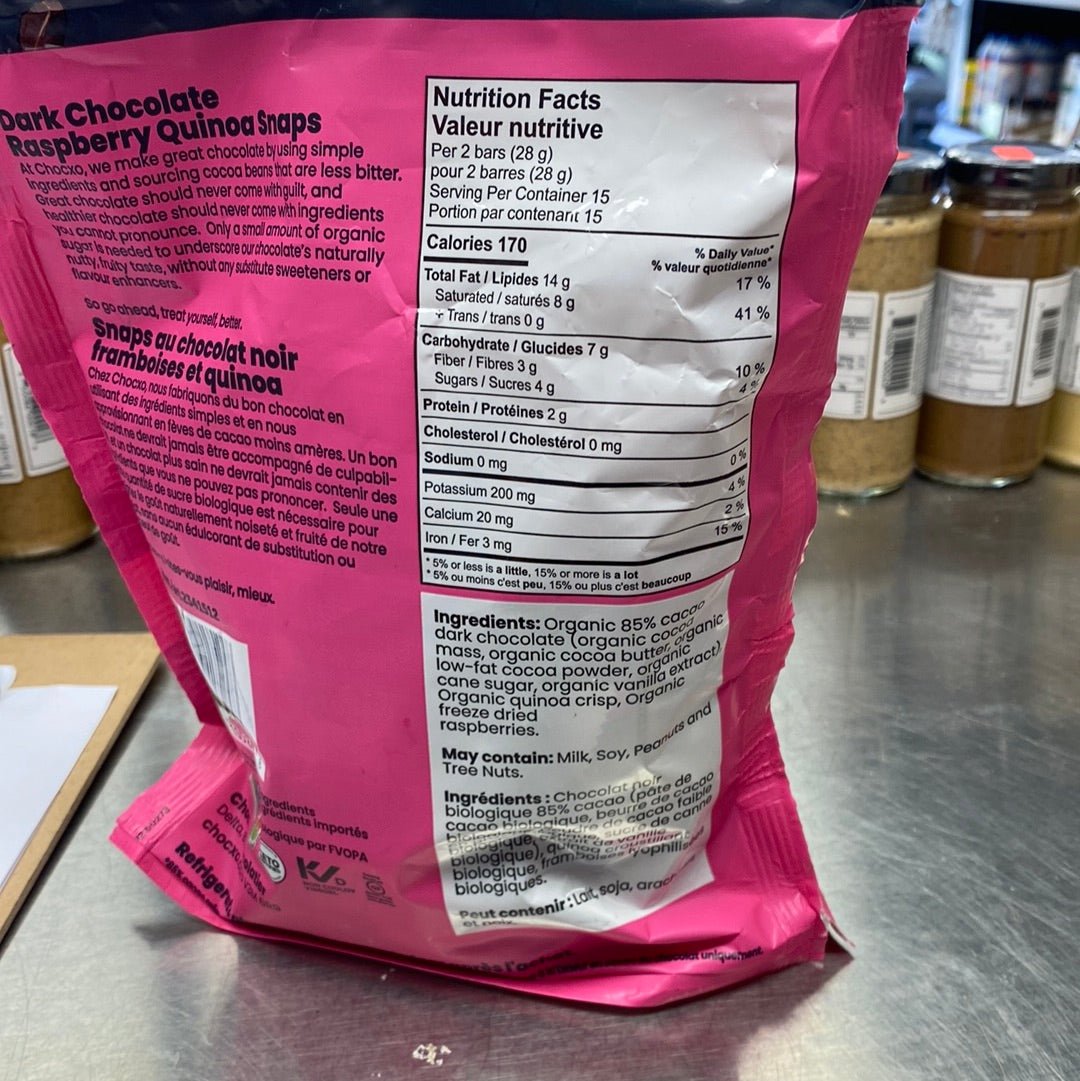 CHOCXO KETO DARK CHOCOLATE RASPBERRY QUINOA SNAPS 420g no J&W